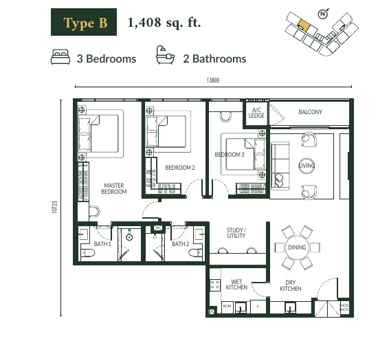 Type B floor plan — 1,408 sq.ft