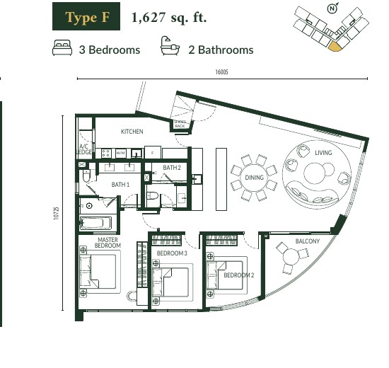 Type F floor plan — 1,627 sq.ft