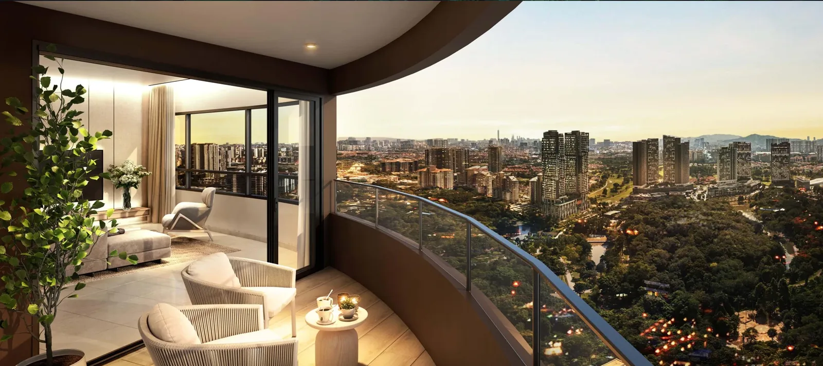 Park Green Pavilion residence balcony with curved glass balustrade overlooking Bukit Jalil Recreational Park and the Kuala Lumpur skyline