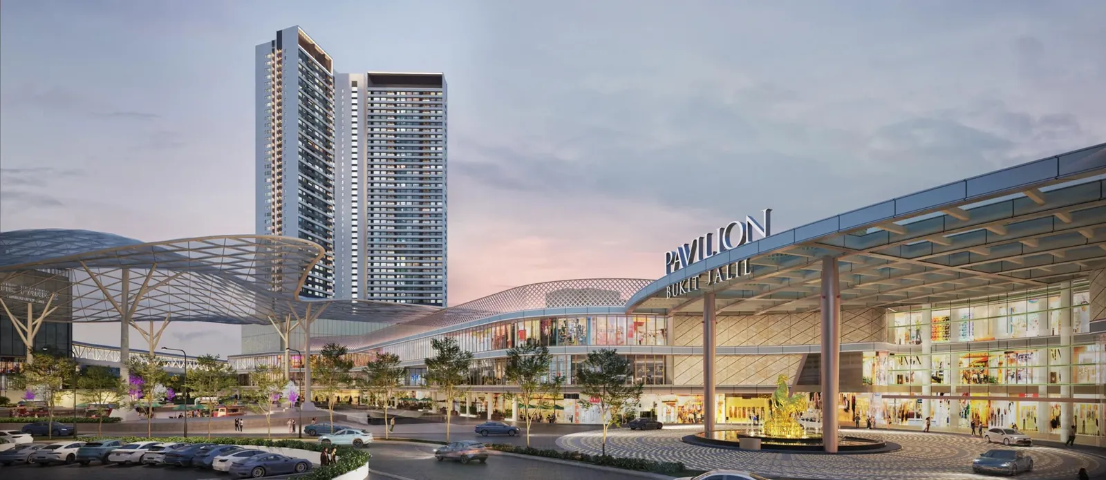 Park Green Pavilion twin towers rising above Pavilion Bukit Jalil shopping mall entrance